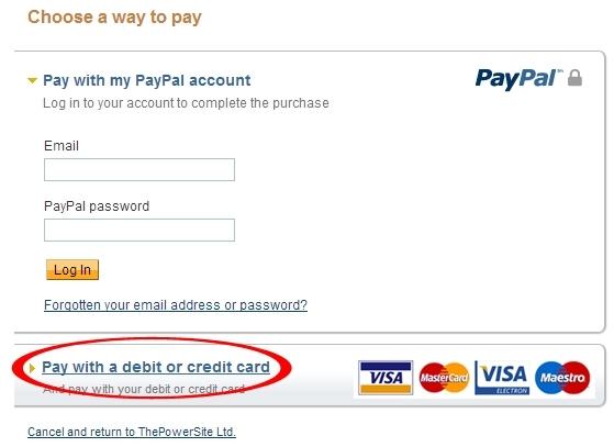 PayPal credit/debit card payment screen